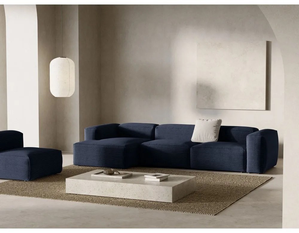 Sötétkék kordbársony sarokkanapé (bal oldali-heverő résszel) Bergano – Cosmopolitan Design