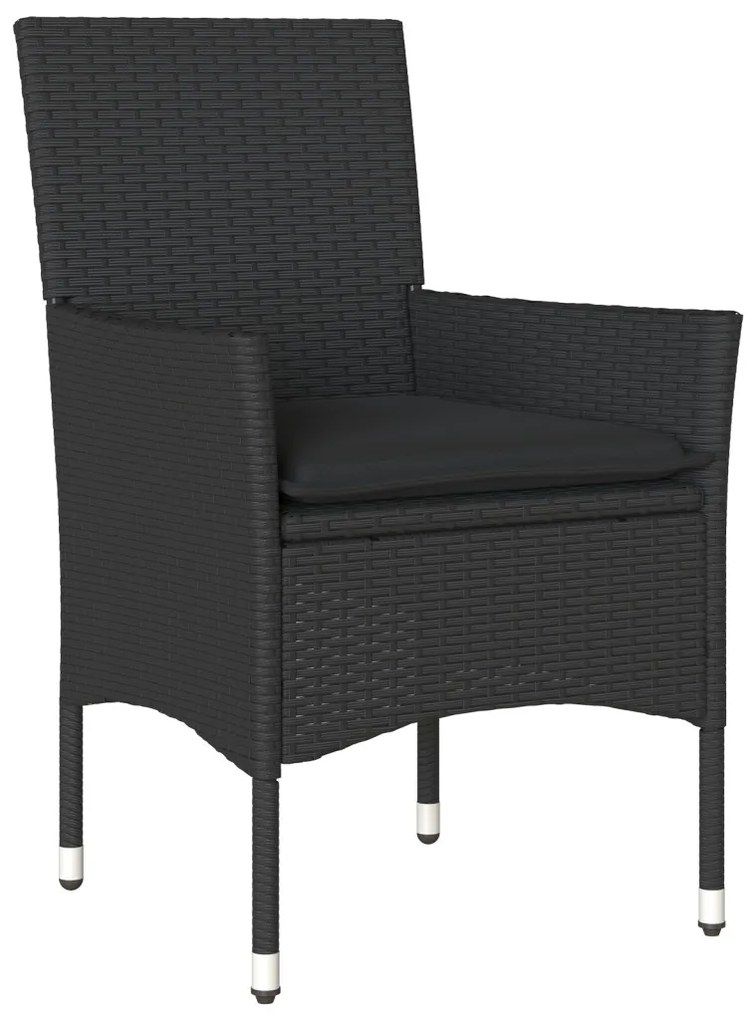 5 darabos Kerti Étkezőkészlet Párnákkal Fekete Poli Rattan, Kerti Asztal Fekete 80x80x73 cm Edzett Üveg