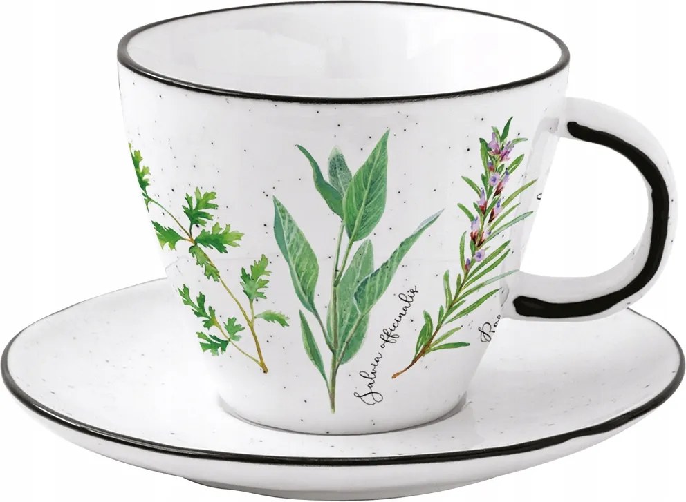 Elegáns csésze csészealj 250 ml boho retro gyógynövények fehér fekete