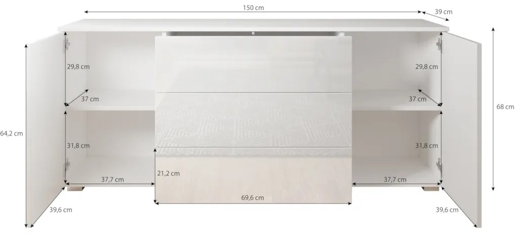 PARIS 150 komód, 150x68x39, fehér/magasfényű fehér