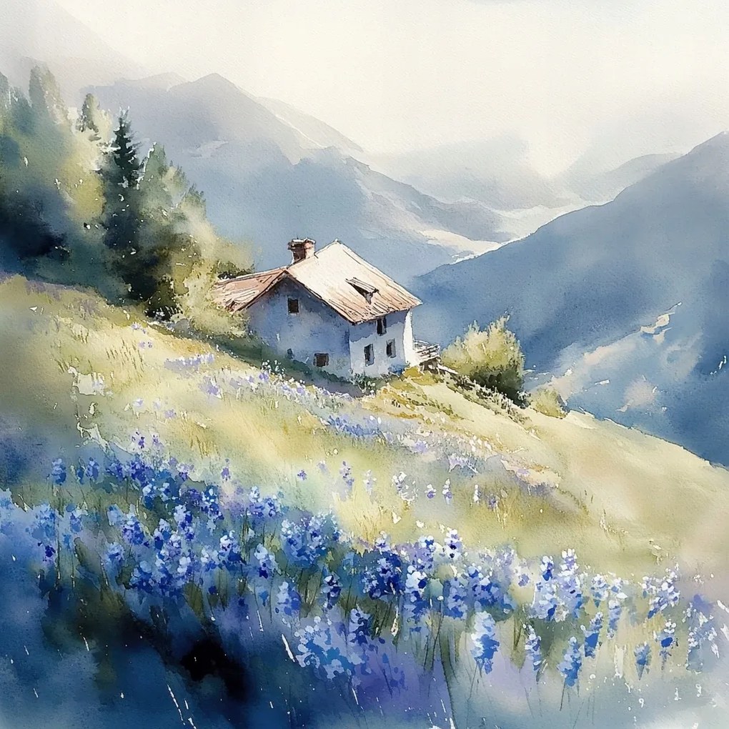 Vászonkép Canvas Tájkép Hegyek Házikó Terasz Kilátás Rét Virágok 80x80