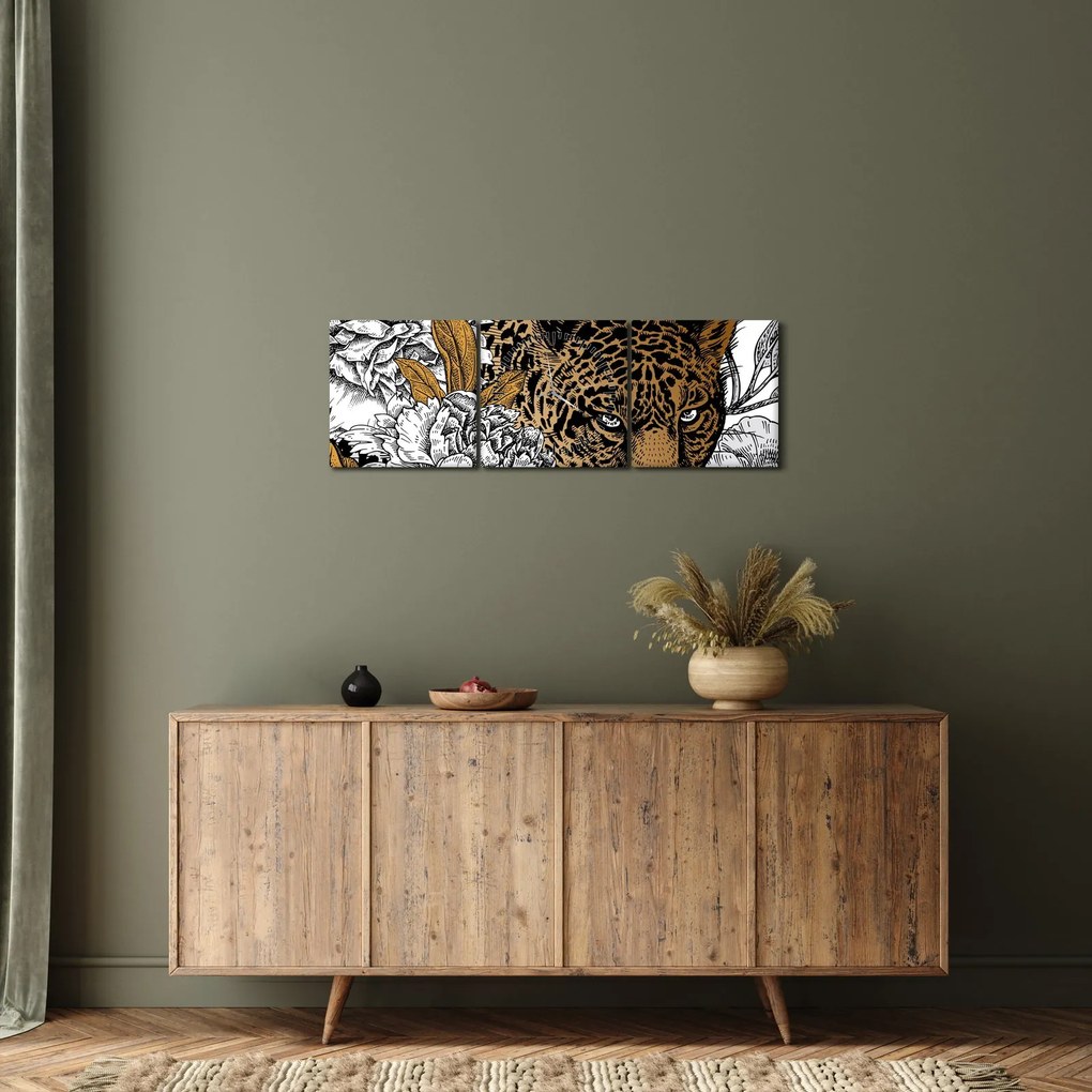 Kép - leopárd a virágok között (órával) (90x30 cm)