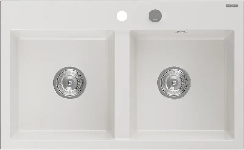 Mexen Hektor gránit mosogató 2-medencés 800 x 480 mm, fehér, króm szifon - 6521802000-20