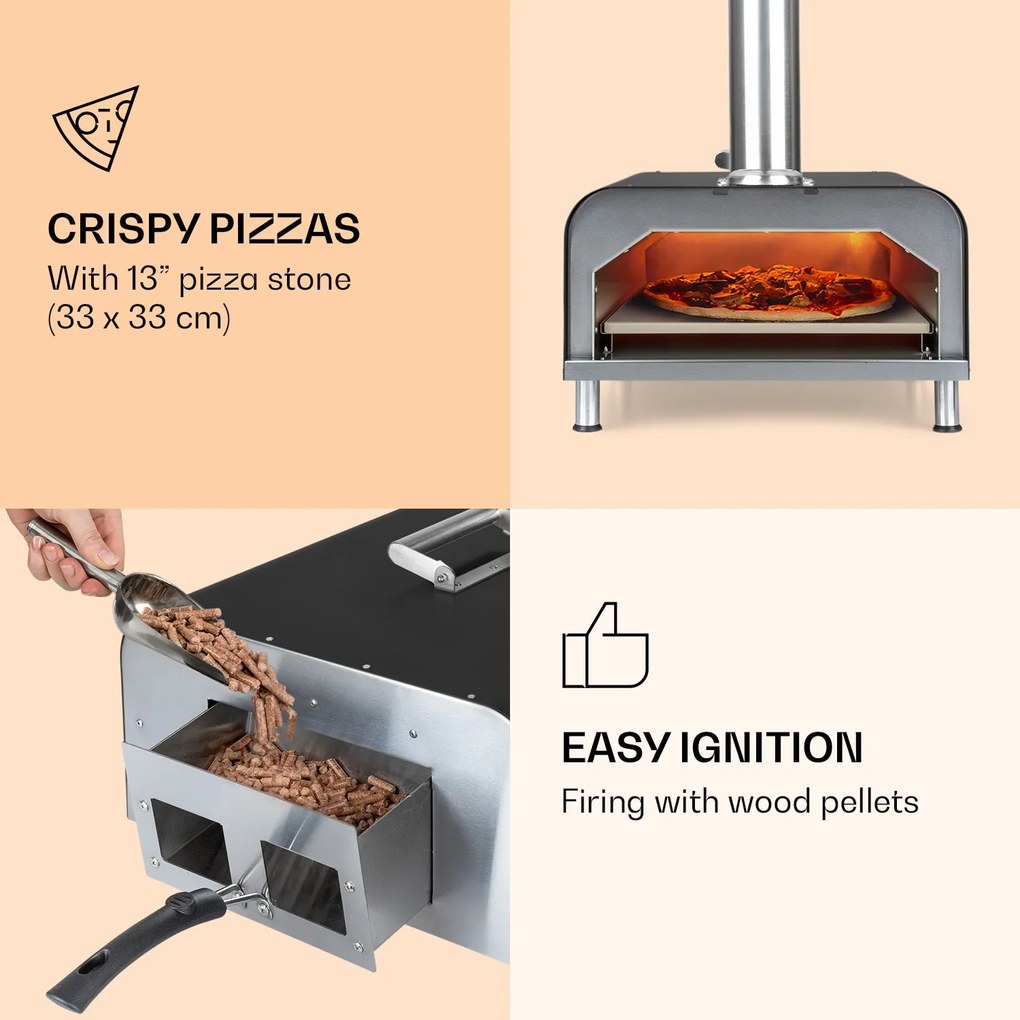 Klarstein Diavolo, pellet pizzakemence, pizzakővel, hőmérő, rozsdamentes acél