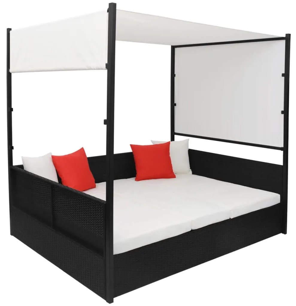 Fekete polyrattan napellenzős kerti ágy 190 x 130 cm