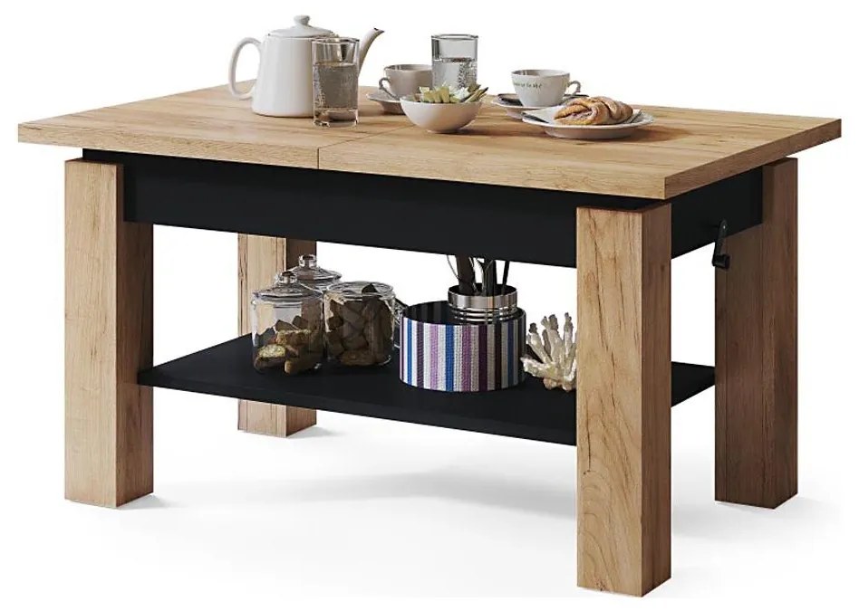 Bővíthető ADONIS konferencia/étkezőasztal, tölgy craft/fekete, polccal