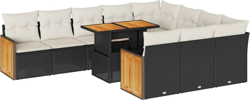 vidaXL 11 részes fekete polyrattan akácfa kerti ülőgarnitúra párnákkal