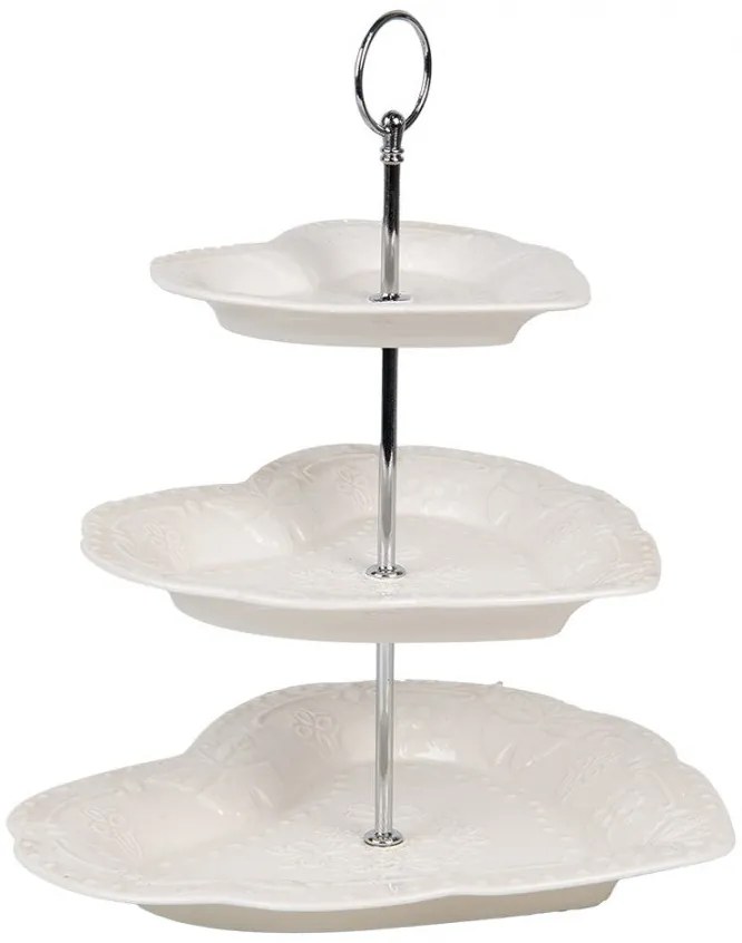 Fehér kerámia süteményes állvány 3 emeletes 26x31 cm szív formájú