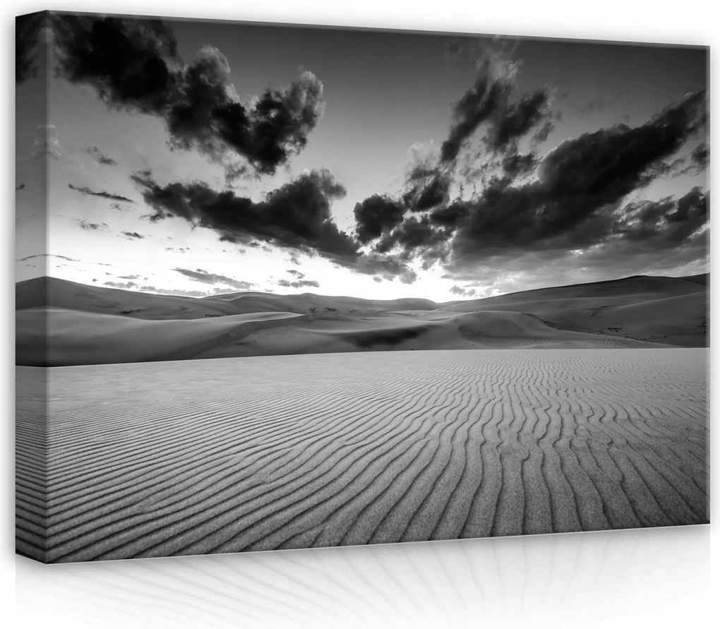 Vászonkép 70x50 Sivatag homok dűnék ég felhők monokróm fekete-fehér