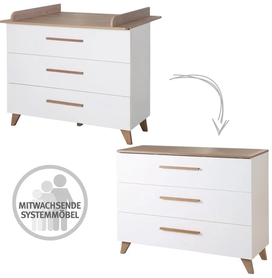 Fehér-natúr színű alacsony gyerek komód pelenkázó feltéttel, tölgyfa dekorral 110x98 cm – Roba