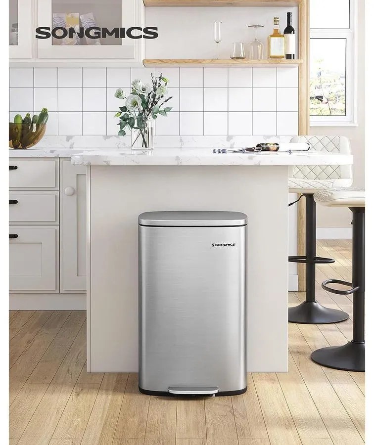 Konyhai pedálos szemetes, 50 literes szemetes kuka, ezüst