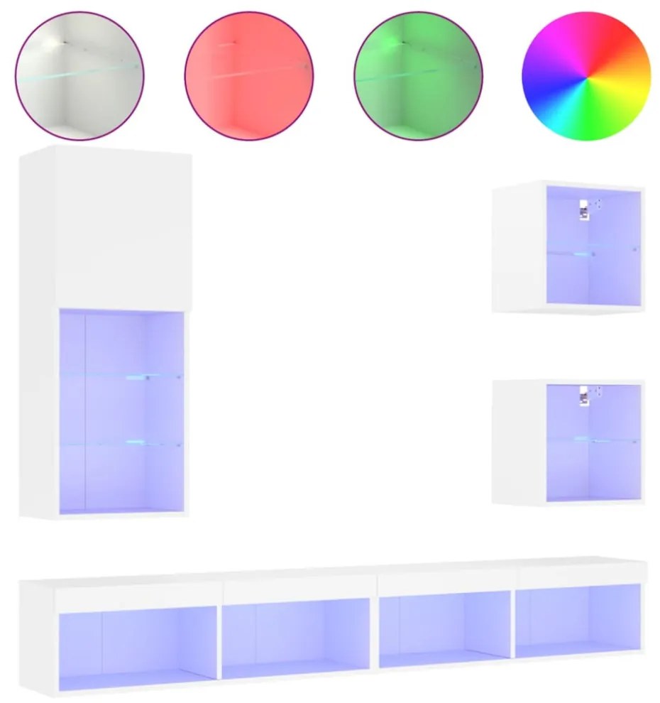 vidaXL 5 darab fehér szerelt fa fali TV-bútor LED-del