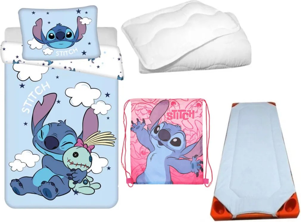 Disney Lilo és Stitch, A csillagkutya Blue Clouds Planet gyerek, ovis ágyneműhuzat, derékalj, tornazsák és paplan/párna szett 100x135 cm 40x60 cm