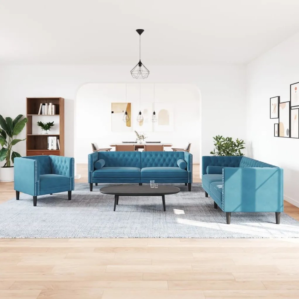 3 részes kék bársony Chesterfield kanapészett hengerpárnákkal