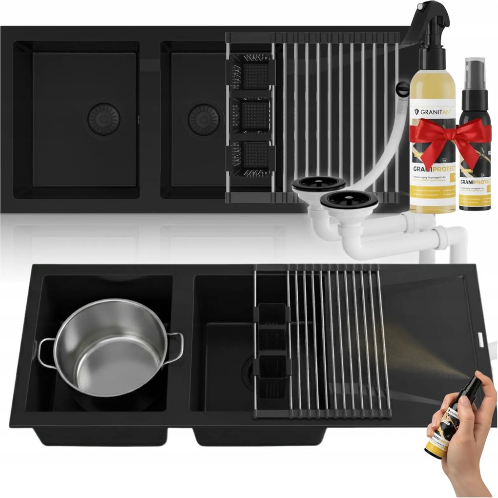Gránit mosogató Primo fekete Mosogató 2 kamrás csepegtető szett
