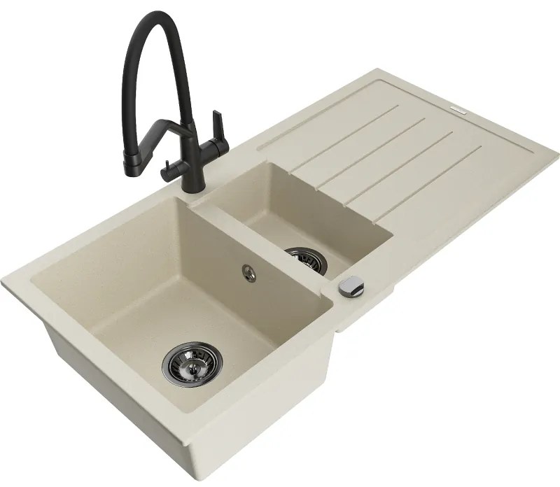 Mexen Andres 1,5 rekeszes gránit mosogató csepptálcával és Duo konyhai csappal, bézs - 6515-69-671701-70-B