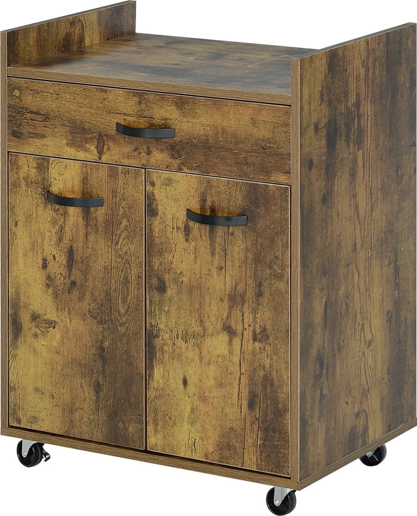 HOMCOM Mikrohullámú Konyhai Kocsi Fiókkal és Szekrénnyel, Konyhai Sziget Fával, 4 Kerekével és Állítható Polccal, 60x40x77 cm, Rusztikus barna | Aosom