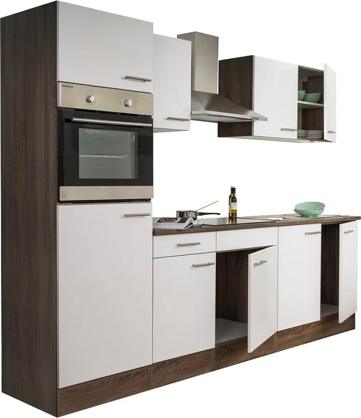 Yorki konyhabútor Yorki tölgy korpusszal, selyemfényű fehér fronttal 270 cm-es méretben