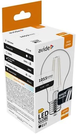 LED izzó, filament, E27, gömb, A60, 8,5W, 1055lm, 4000K, AVIDE (AVLED006)