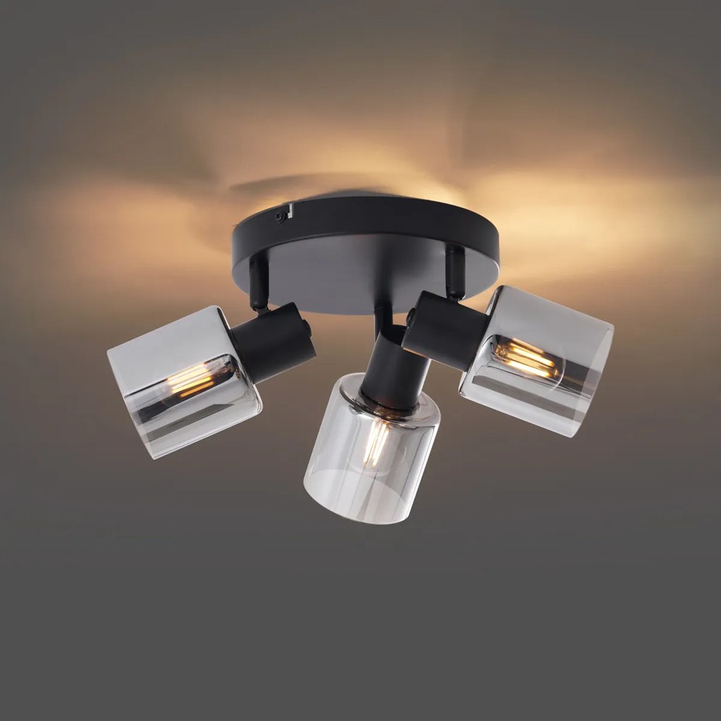 Modern fekete mennyezeti lámpa füstüveggel, kerek, 3-lámpás - Cilin