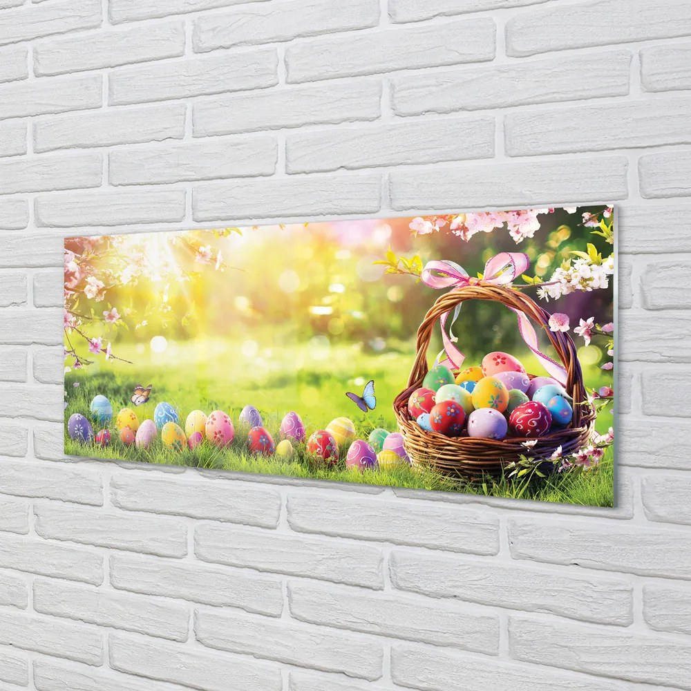 Üvegképek Kosár tojás virág rét 120x60cm
