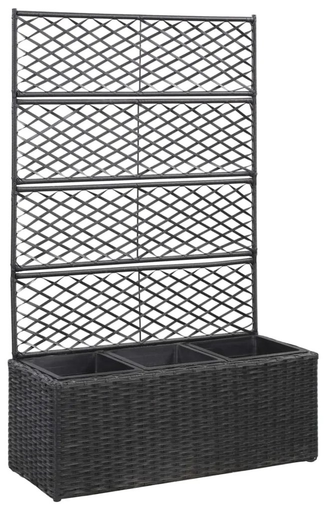Fekete rácsos polyrattan magaságyás 3 kaspóval 83 x 30 x 130 cm