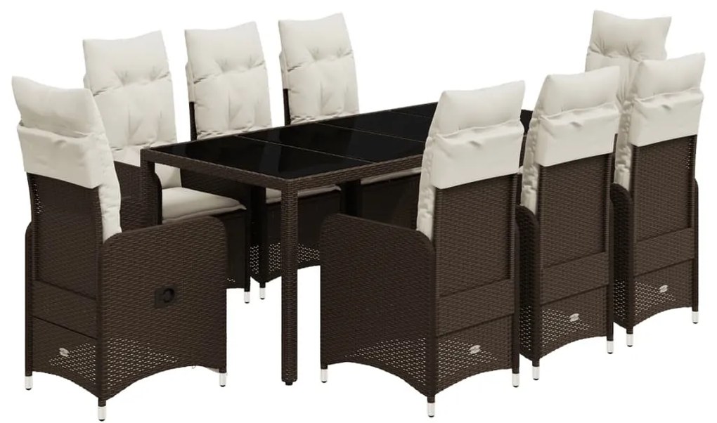 9 részes barna polyrattan kerti bisztrógarnitúra párnákkal