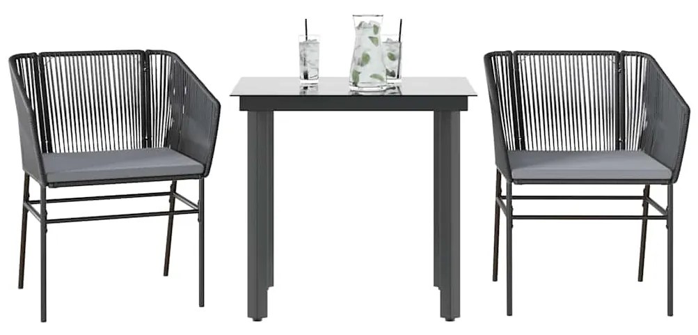 vidaXL 3 részes fekete polyrattan üveg kerti étkezőgarnitúra párnákkal