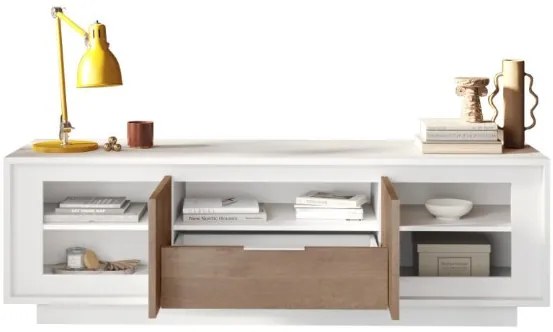 SKY 2.0 TV-szekrény 2 ajtóval és 1 fiókkal, fehér matt lakkozott vázzal, Mercuri tölgy mintázatú laminált előlapokkal