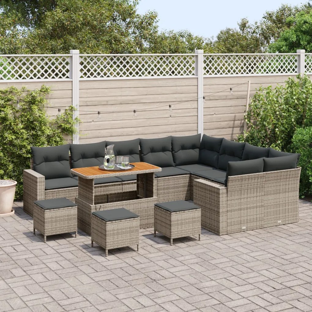 13 Részes Kert Kanapé Szett Párnákkal Szürke Poly Rattan Akác, 4 Részes Kert Étkező Szett Párnákkal Szürke Poly Rattan Akác