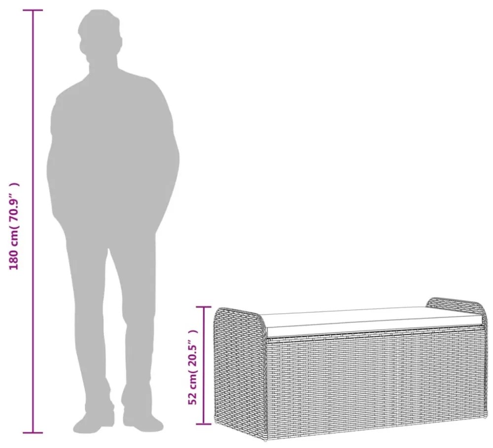 fekete polyrattan tárolópad párnával 115 x 51 x 52 cm