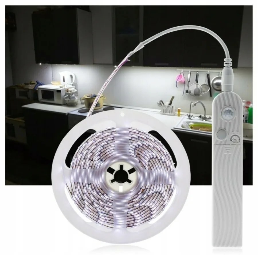 2 méteres elemes-USB-s LED szalag, mozgásérzékelős, hideg fehér