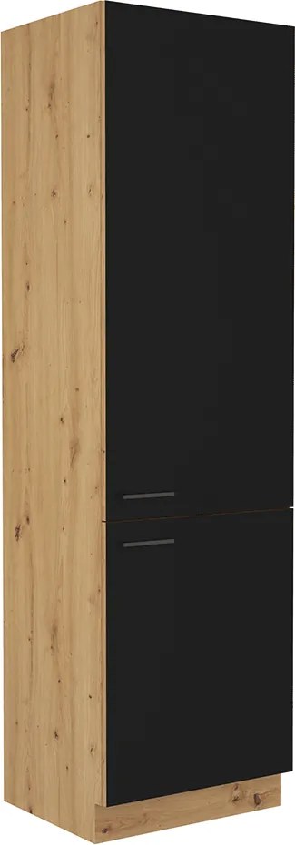Szekrény beépített hűtőre, matt fekete/artisan tölgy, MONRO 60 LO-210 2F