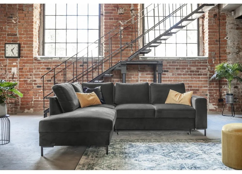 Sötétszürke bársony kinyitható sarokkanapé (bal oldali) Lofty Lilly – Miuform