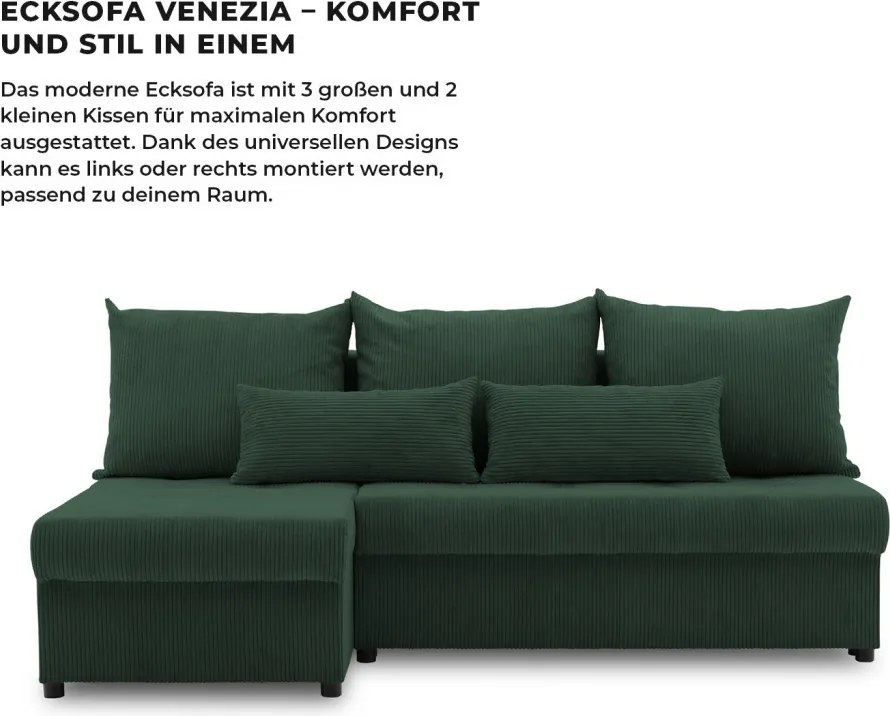 Venezia sarokkanapé, kordbársony, univerzális oldal, hab töltet, zöld