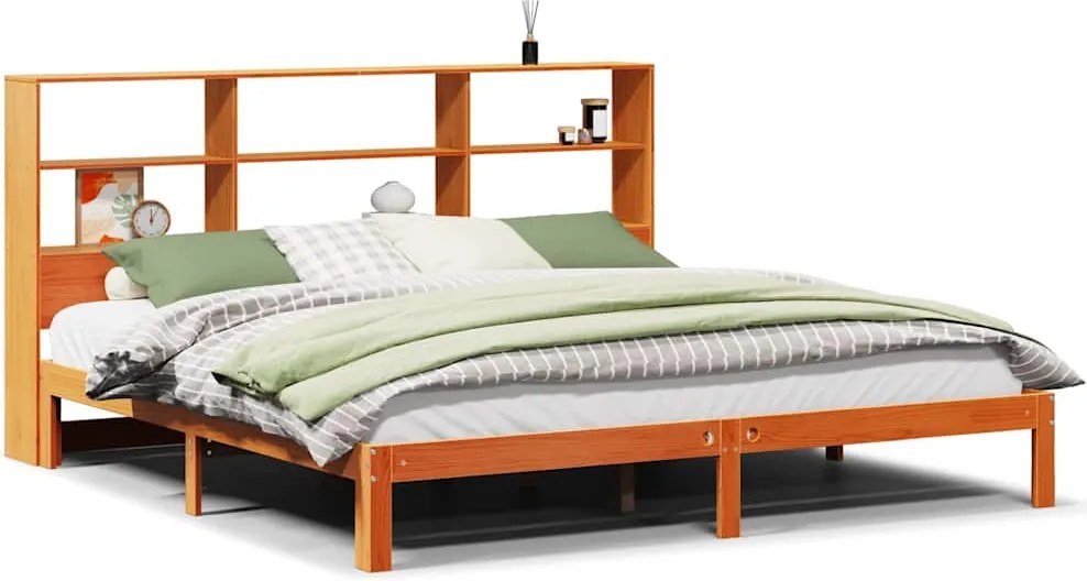 vidaXL barna tömör fenyőfa könyvespolcos ágy matrac nélkül 180 x 200cm