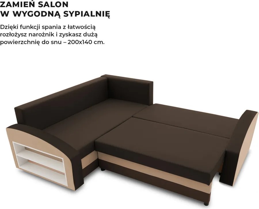 Grande sarokkanapé polcokkal , polc a bal karfaban, baloldali, szövet anyag, hab töltet, barna