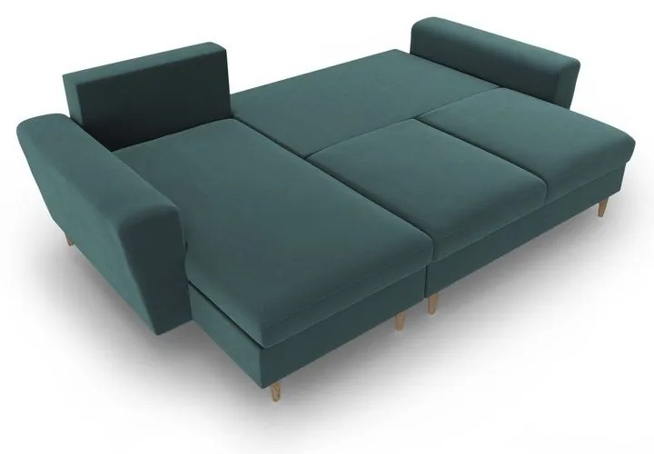 Petróleum színű bársony kinyitható tárolóhelyes sarokkanapé Kyoto – Cosmopolitan Design