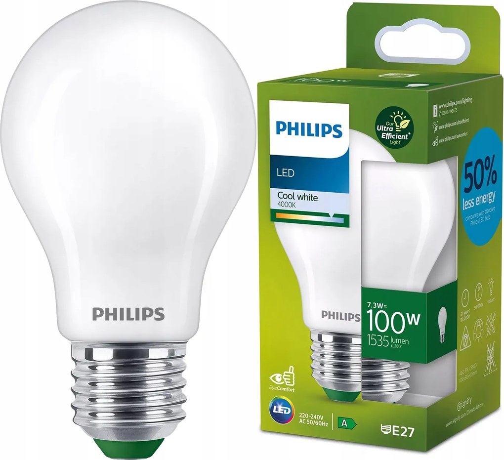 Led izzó E27 7.3W 100W 1535lm 210lm/W 4000K Semleges A-osztály Philips