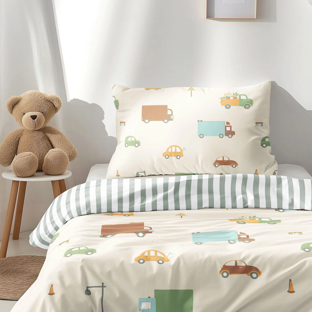 Goldea gyermek pamut ágyneműhuzat - az autók világa, zsálya színű csíkos hátoldal 150 x 200 és 50 x 60 cm