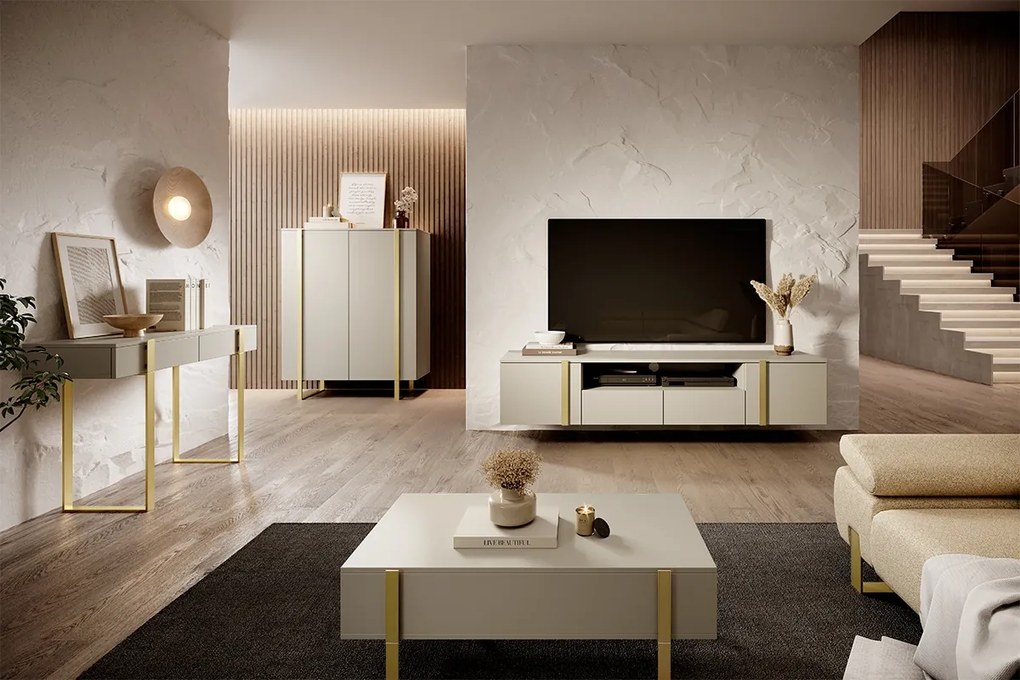 Verica 200 cm-es TV-szekrény, falra szerelhető, nyitott polccal - kasmír / arany fogantyúk