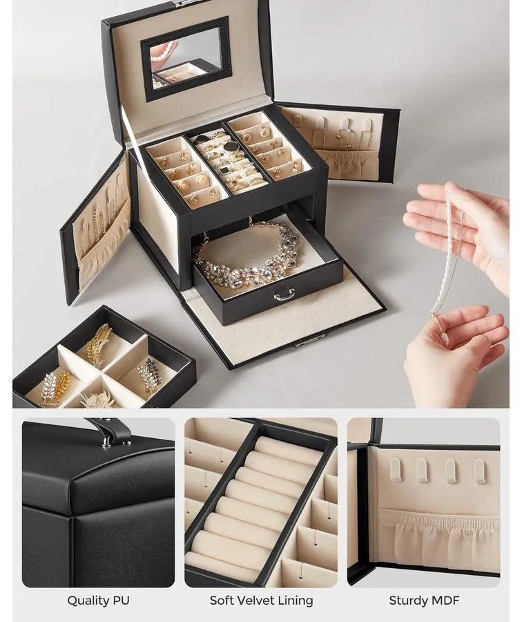 Ékszerdoboz, zárható ékszertartó 2 fiókkal, fekete