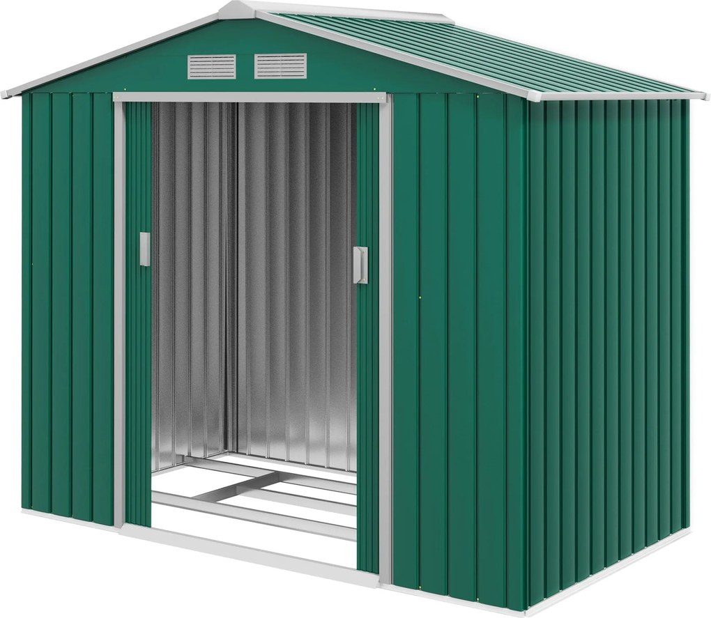 Outsunny Kerti Fészer 2,42m² Erősítő Alap nélküli 213x130x185 cm Kültéri Kerti Fészer 2 Csúszóajtóval és 4 Ablakkal Szerszámok Tárolására Sötétzöld |