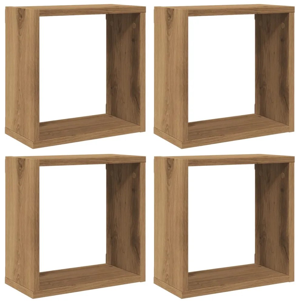 4 db kézműves tölgyszínű szerelt fa fali kockapolc 30x15x30 cm