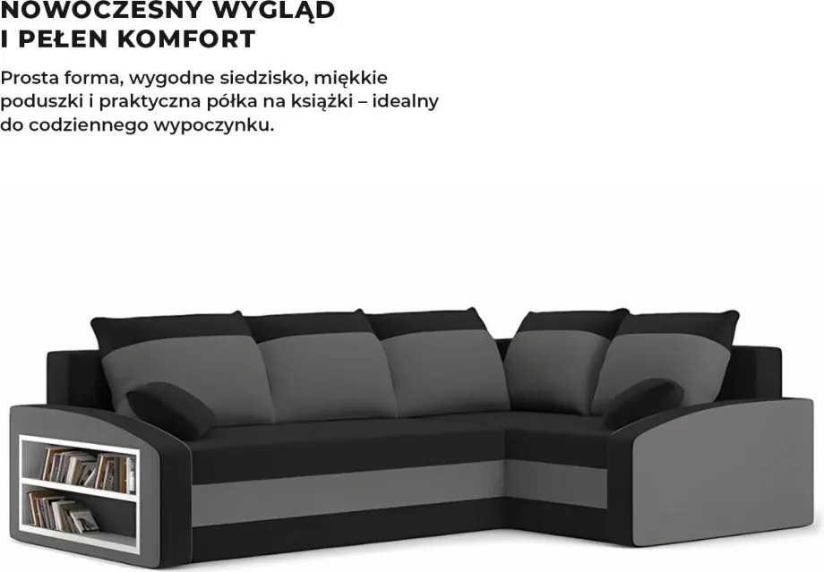 Grande sarokkanapé polcokkal , polc a bal karfaban, jobboldali, szövet anyag, hab töltet, fekete - szürke