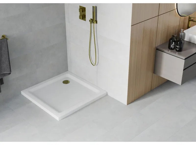 Mexen SLIM - Négyzet alakú zuhanytálca 90x90x5cm + arany szifon, fehér, 40109090G