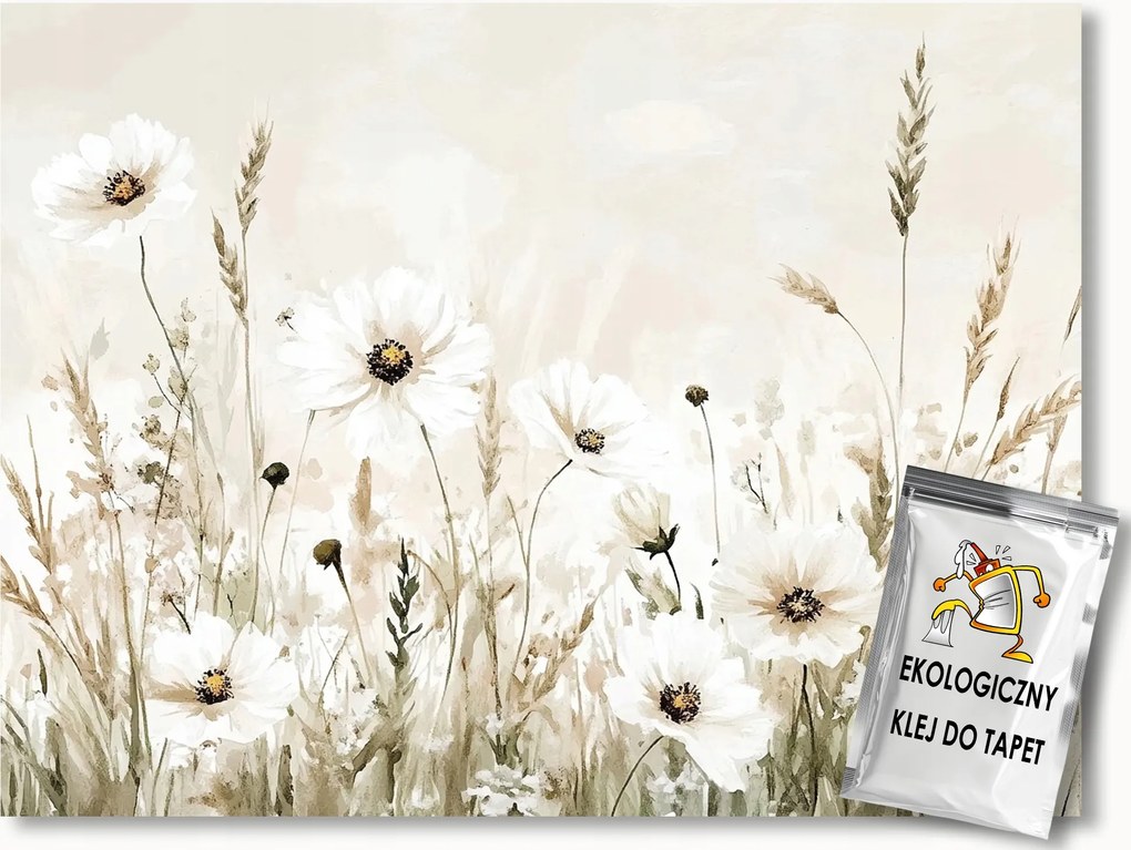 Fotótapéta Flizelina Természet Kert Rét Virágok Bézs Fehér Boho 312x219 ragasztó