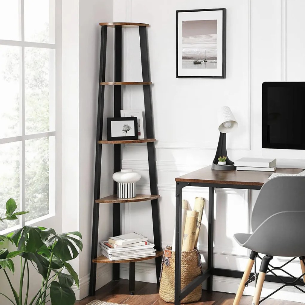 KÉSZLETKISÖPRÉS! Intenso Home 5 szintes sarokpolc / könyvespolc / virágtartó állvány 37 x 160cm, modern tölgy szín | Döntött design fém lábakkal