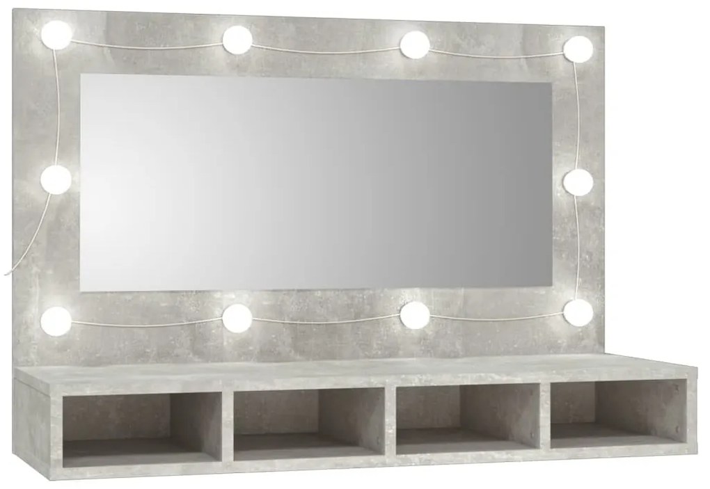 betonszürke tükrös szekrény LED-ekkel 90 x 31,5 x 62 cm