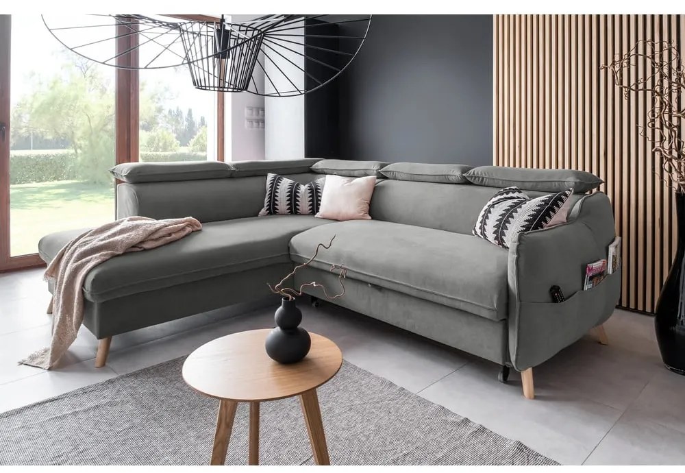 Világosszürke bársony kinyitható sarokkanapé (bal oldali) Sweet Harmony – Miuform